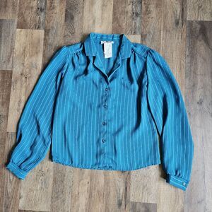 Vintage SO WHAT! Of California Women's Blue Striped V-Neck Button-Up Blouse SZ S